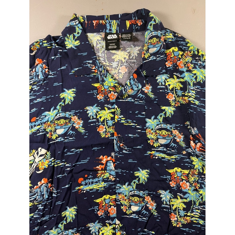 Star Wars Mandalorian Shirt Mens Large Navy Blue Grogu Baby Yoda Hawaiian Camp